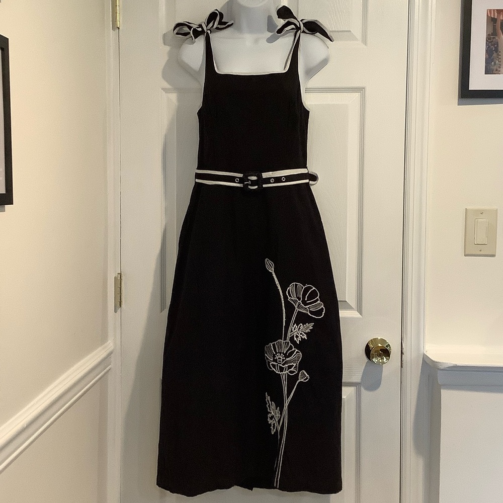 CIEBON ANTHROPOLOGIE Black Cotton/Flax Floral Beaded Fall Wedding Guest Dress S